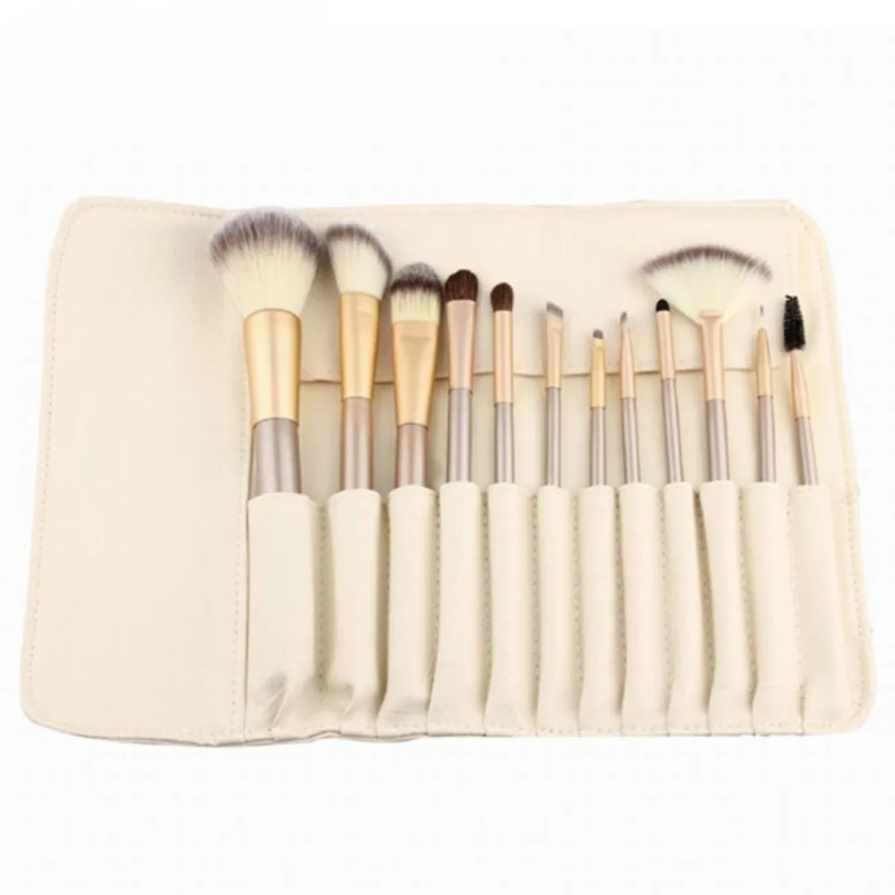 

12pcs/set Wooden handle Beige Makeup Brushes Eyeshadow Eyeliner Blusher Powder Foundation Brush Beauty Cosmetic Kit with PU Bag