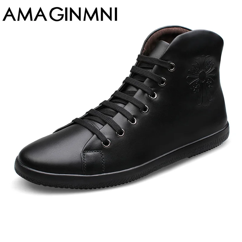 

AMAGINMNI Big Size Men Shoes Fashion Black Men Boots Pointed Toe Genuine Leather Hording Riding Boots Winter Men Shoes With Fur