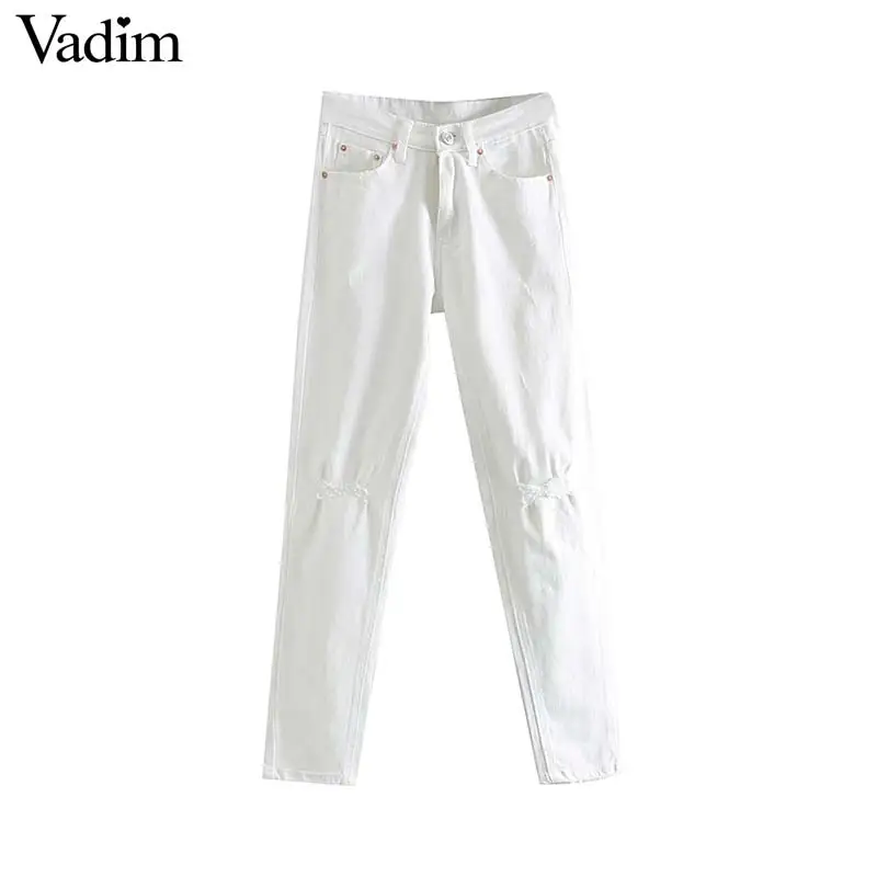 

Vadim women white denim jeans holes pockets chic straight zipper fly pants female solid ankle length trousers pantalones KA827