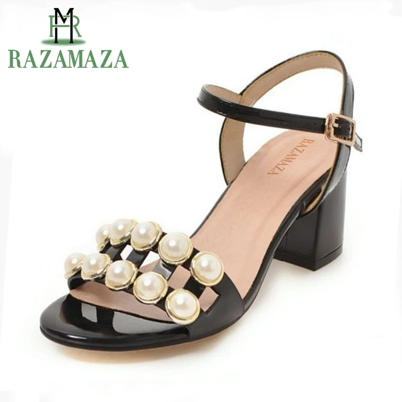 

RAZAMAZA Women High Heel Sandals Buckle Open Toe Thick Heel String Bead Ladies Sandals Sweet Ornate Party Footwear Size 34-42