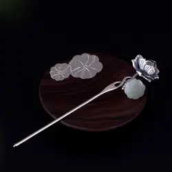 925 серебро нефритовый цветок палочки для волос серебро ручной работы, натурального нефрита Винтаж дворец hairwear для женщин Свадебные