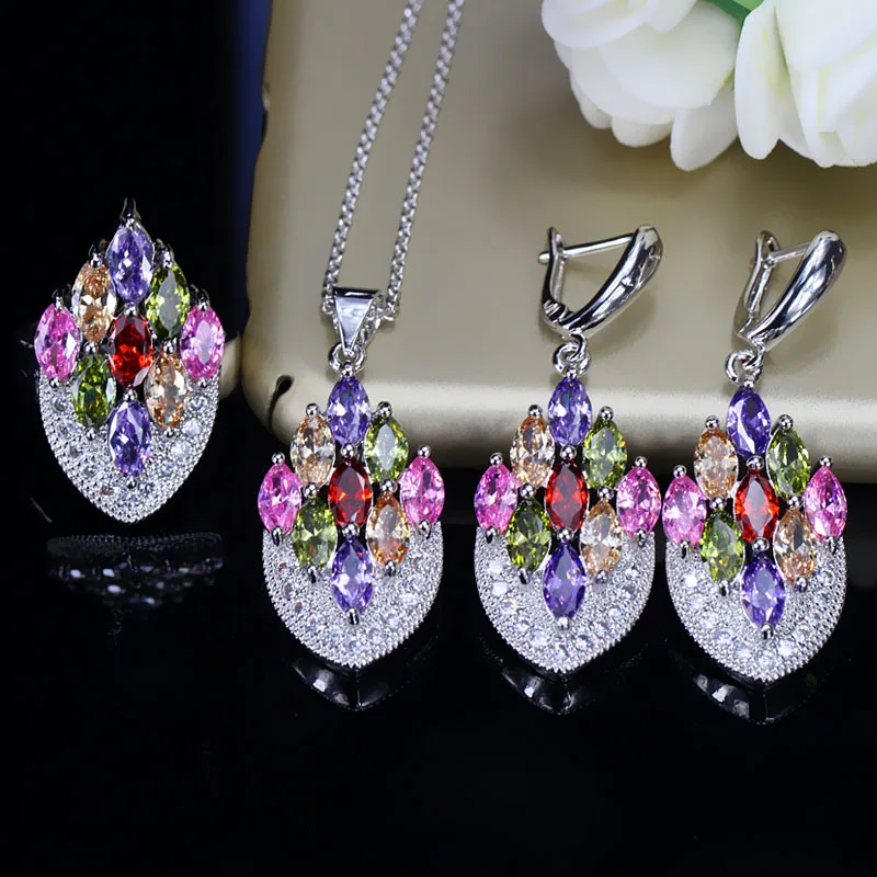 BeaQueen, богемное эстетическое цветное ожерелье с кубическим цирконием, серьги, кольца, наборы, CZ Стерлинговое Серебро 925 пробы, ювелирные изделия для женщин JS165