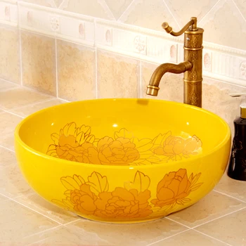 

China Colorful Vintage Style Ceramic Art Basin Sinks Counter Top Wash Basin Bathroom Vessel Sinks vanities artistic wash basin