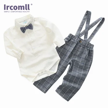 

Ircomll Newest Spring Baby Boy Clothing Set England Style Gentleman Suit Long Sleeve Bow Tie Shirt Bodysuit + Lattices Ovearalls