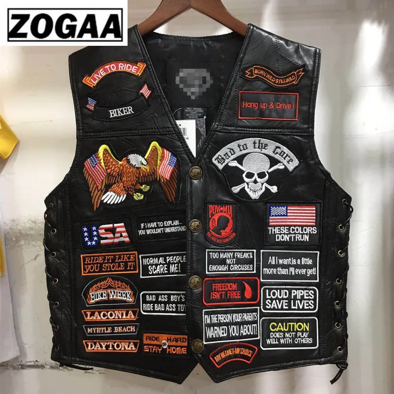 

ZOGGA 42 Embroidered Badge Black Genuine Cattle Leather Hiking Vest Wind Proof Punk Metal Button Motorcycle Vest with Pocket
