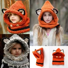 Kid/Adult Animal Fox Kitty Fashion Design Crochet Knitted Wool Chunky Hooded Cowls Hat/Scarf Winter Warm Photography Props Cap