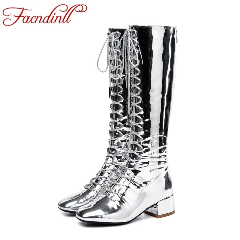 

FACNDINLL female brand women shining punk rivets boots patent leather knee high boots black silver high heels knight boots woman