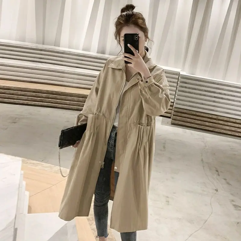 

Thin Windbreaker Female Spring and Autumn New Long Paragraph Over The Knee Strap Belt Puff Sleeve Coat Casual Loose Coat Tide