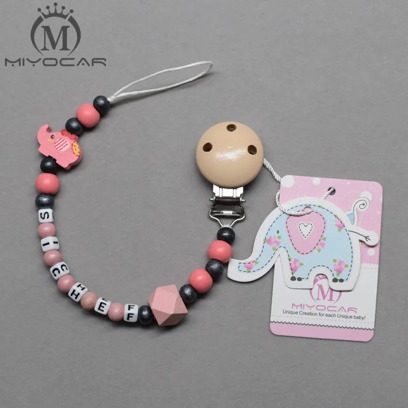 

MIYOCAR custom Any name Elephant pink black wooden beads dummy clip holder pacifier clip soother chain teether clip