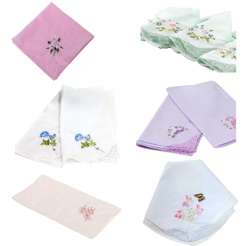 

3Pcs/Set 29x29cm Women Square Handkerchief Floral Embroidered Candy Color Pocket Hanky Lace Patchwork Cotton Baby Bibs Portable