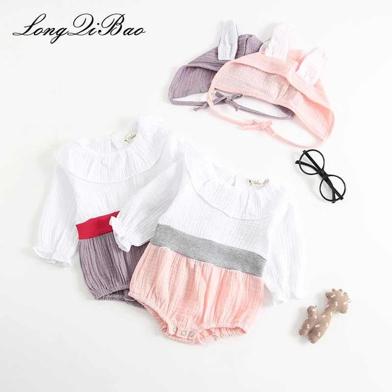

High quality baby jumpsuit 2018 autumn new cotton Korean baby suit with hat lotus leaf lapel triangle