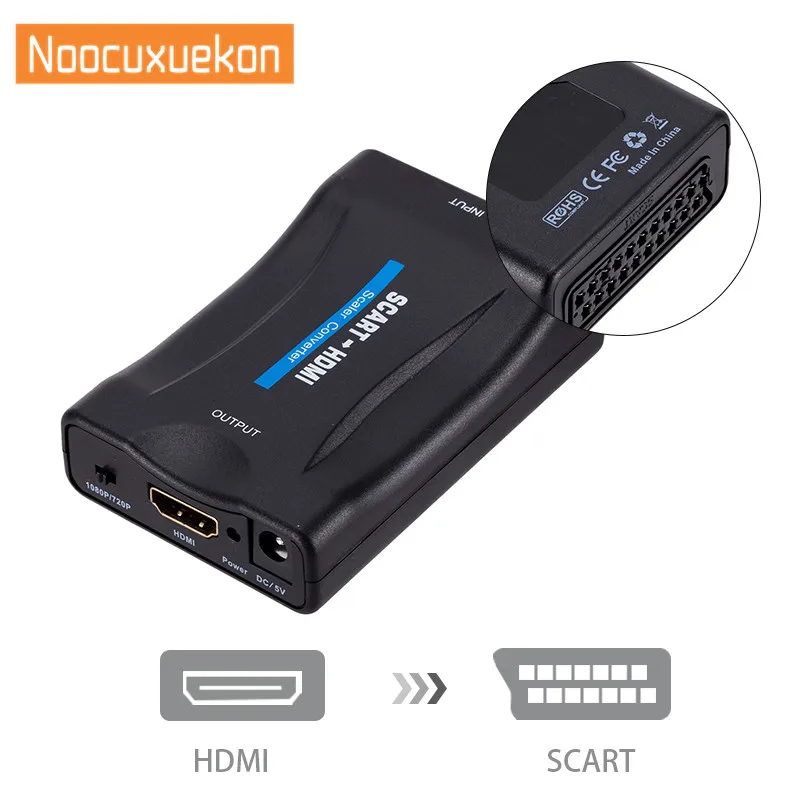

1080P SCART To HDMI Converter Video Audio Upscale Signal Adapter Converters With Charging Adapter Cable for Sky Box DVD STB