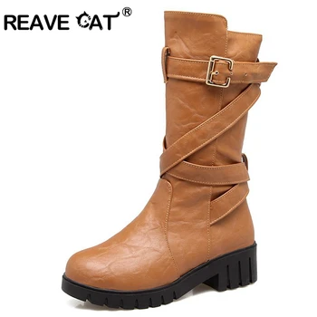 

REAVE CAT Women mid calf boots Winter warm Round toe Buckle Cross Female mujer botas Autumn winter Footwear shoes Gladiator A131