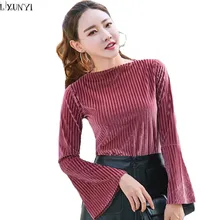 LXUNYI для женщин бархатный топ Осень Зима Джемпер корейская мода Flare рукавом Бархатные Топы с длинными рукавами модная футболка