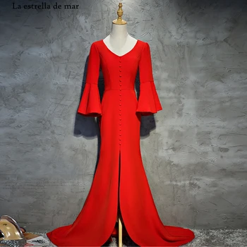 

abiti da cerimonia da sera new satin sexy V neck flared sleeves red sexy mermaid dresses evening long prom dress real photo