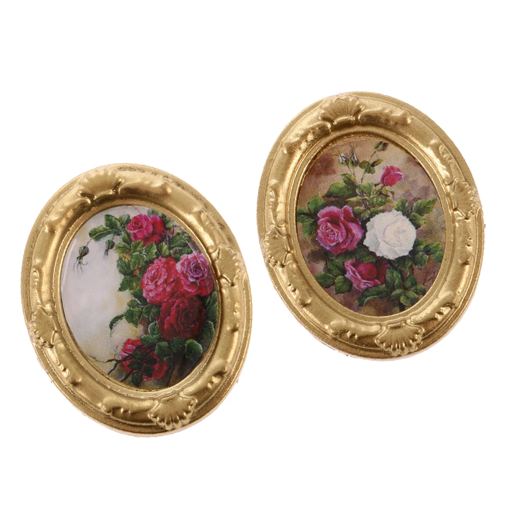 2Pcs Vintage Mini Metal Dollhouse Decor Furniture Kit Flower Picture Photo Frame for 1:12 Dolls House Miniature Accessories