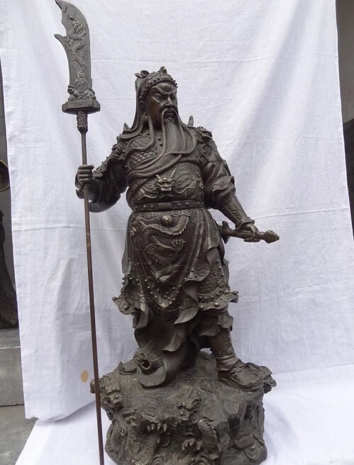 

xd 002607 40" High Chinese Bronze 9 Dragon Head Warrior Sword GuanGong GuanYu God Statue