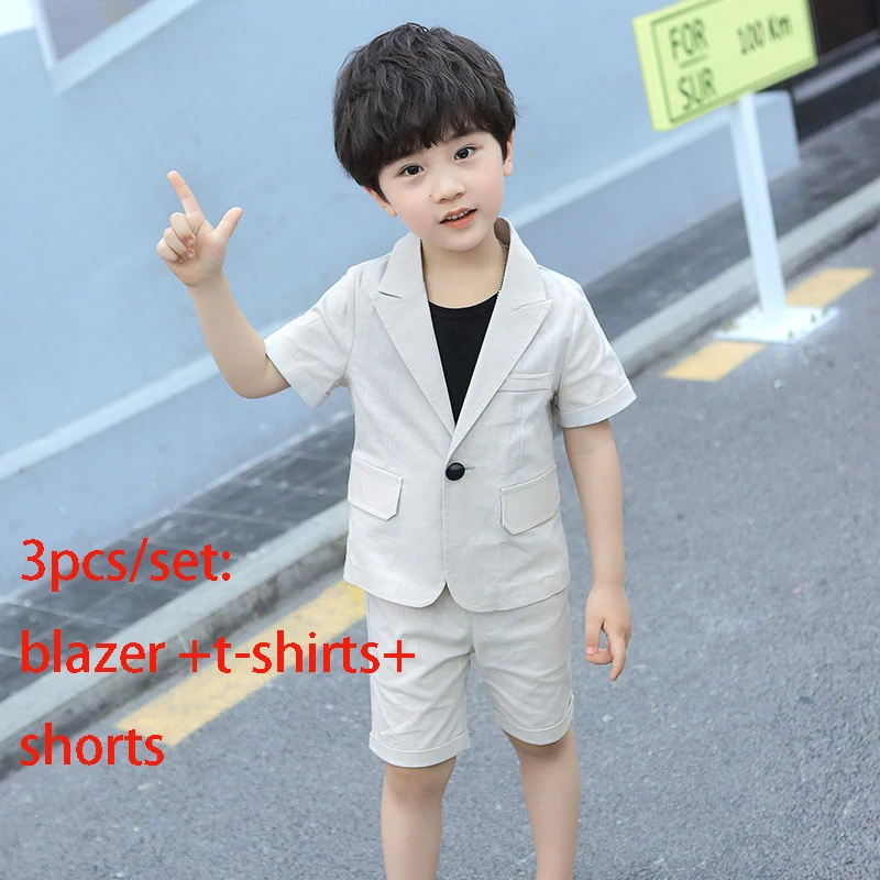 Летний детский костюм с короткими рукавами; костюм для мальчиков для выступлений, дня рождения; детский Блейзер; шорты; брюки; одежда - Цвет: gray 3pcs