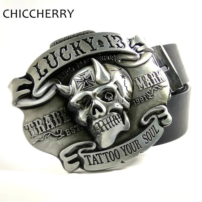 Mens Big Buckle Belts Cool Lucky 13 Tattoo Your Soul Skull Belt Buckles Metal For Men Pants