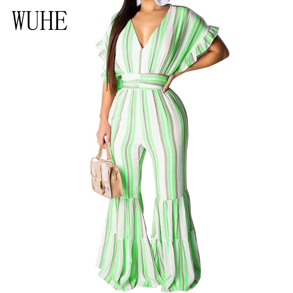 

WUHE Retro Sexy Deep V Neck Stripe Wide Leg Loose Jumpsuits Women Summer Big Sleeve Hollow Out Casual Beach Party Club Playsuits