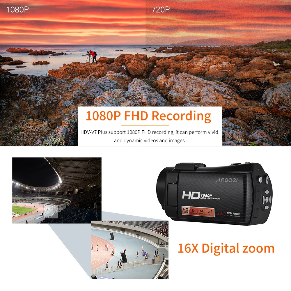 Andoer HDV-V7 PLUS 1080 P Full HD 24MP Портативная Цифровая видеокамера пульт для видеокамеры управления+ 0.45X Широкоугольный объектив 16X зум