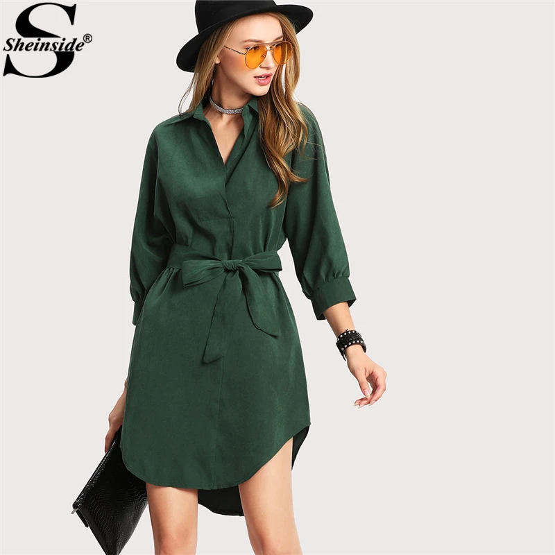 

Sheinside Green Shirt Dress Women Turn-down Collar 3/4 Sleeve Belted Asymmetrical Short Dress Summer Office Work Dress