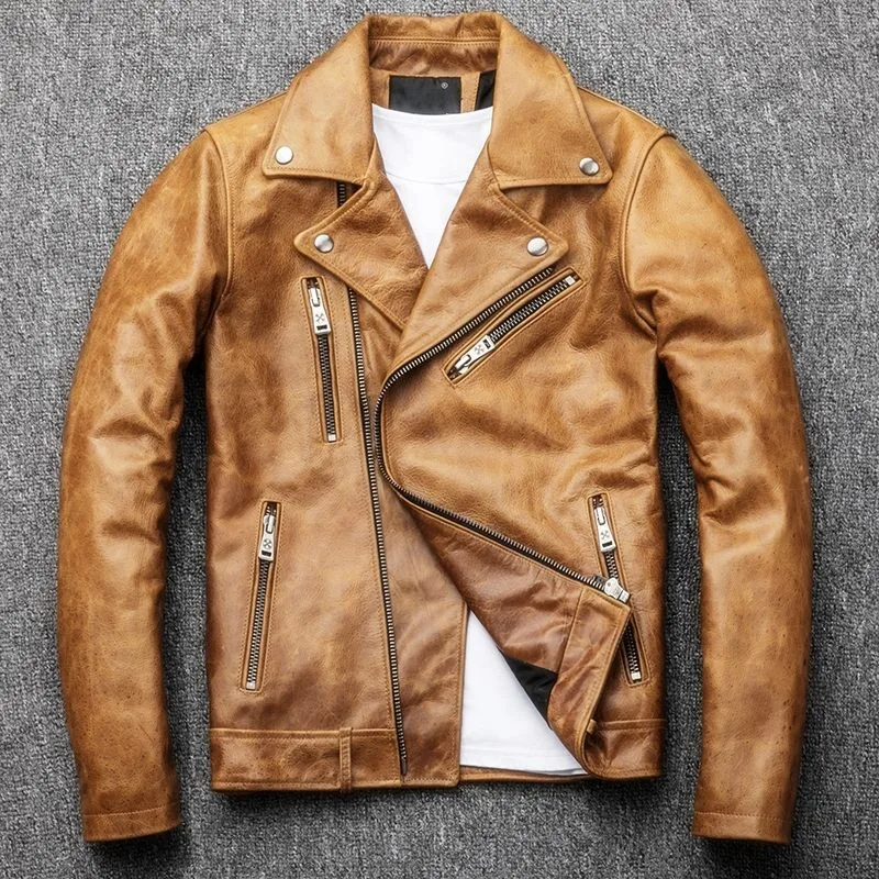 Revers Pour À De Hommes Homme Vintage Manteau Orange Fit 4xl Glissière Veste Slim Réel Peau Taille En Cuir Fermetures Vache Véritable Biker Moto Grande Yb6vf7gy