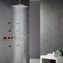 European Style Rainfall Showerhead Wall Antique Brown Thermostatic Bathroom Shower Set ORB Shower Mixer Faucet With Spray Jets