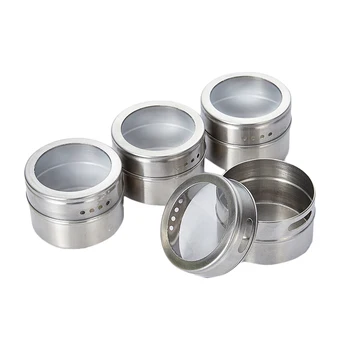

6pcs Stainless Steel Seasoning Containers Visible Magnetic Base Spice Jars Pepper Containers Condiment Tins for Kitchen