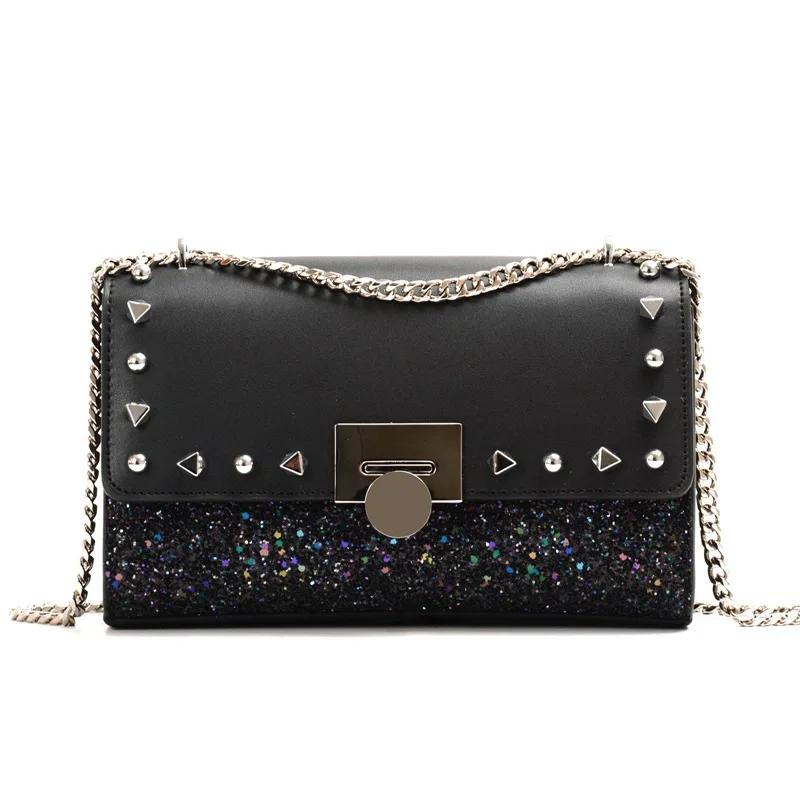 

2018 Women Messenger Bags Fashion Genuine Leather Handbags Lady Rivet Purple Handbag Shoulder Crossbody Chains Shining Bag Party