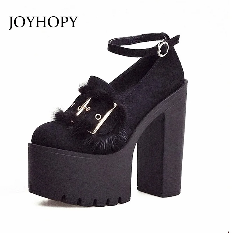 

JOYHOPY 2018 New Hoof Heels Women Pumps 14cm Thick Heel Platform High Heels Sping Summer Woman Ankle Wrap Wedding Shoes WP1090