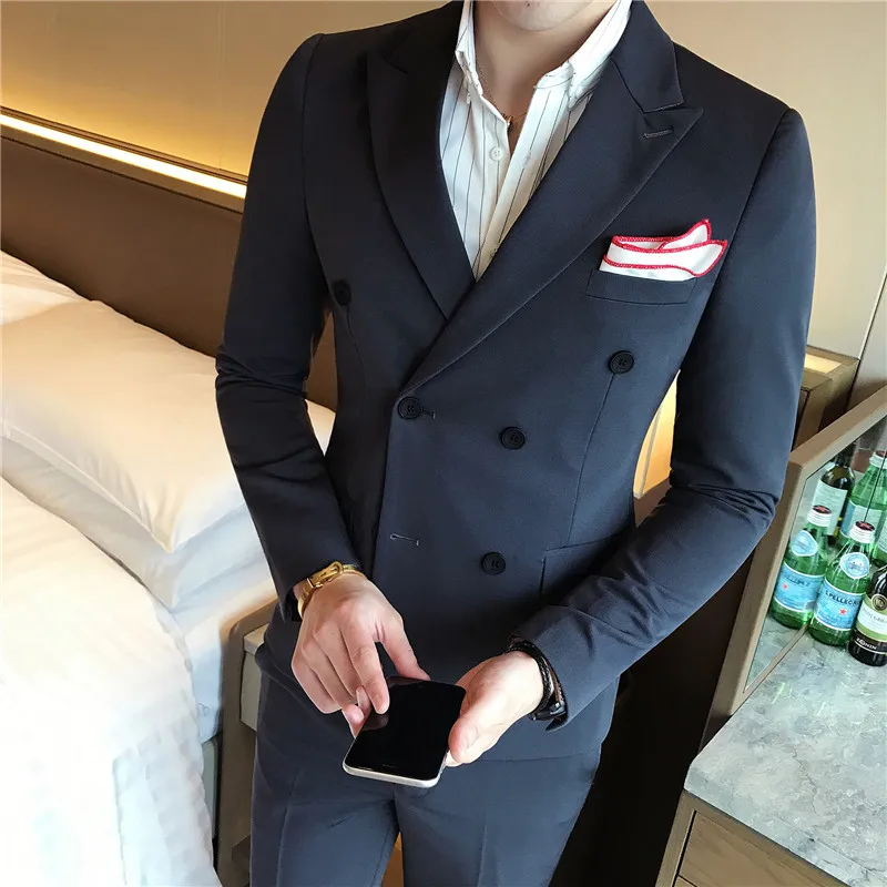 ( Jacket + Vest + Pants ) New Mens Fashion Solid Color Formal Business Double-breasted Suit 3 Set / Groom Wedding Dress Suits ( Jacket + Vest + Pants ) New Mens Fashion Solid Color Formal Business Double-breasted Suit 3 Set / Groom Wedding Dress Suits