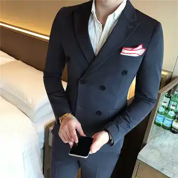 ( Jacket + Vest + Pants ) New Mens Fashion Solid Color Formal Business Double-breasted Suit 3 Set / Groom Wedding Dress Suits