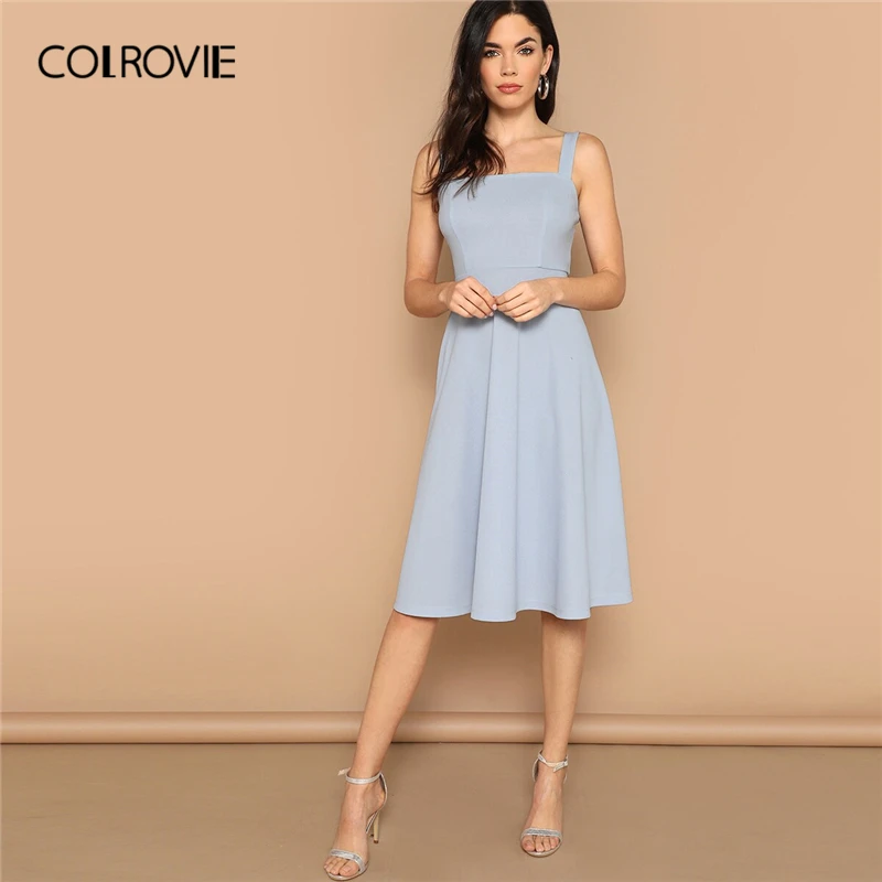 

COLROVIE Blue Solid Zip Back Fit and Flare Elegant Tank Dress Women 2019 Summer Flared Midi Sundress Office Ladies Dresses