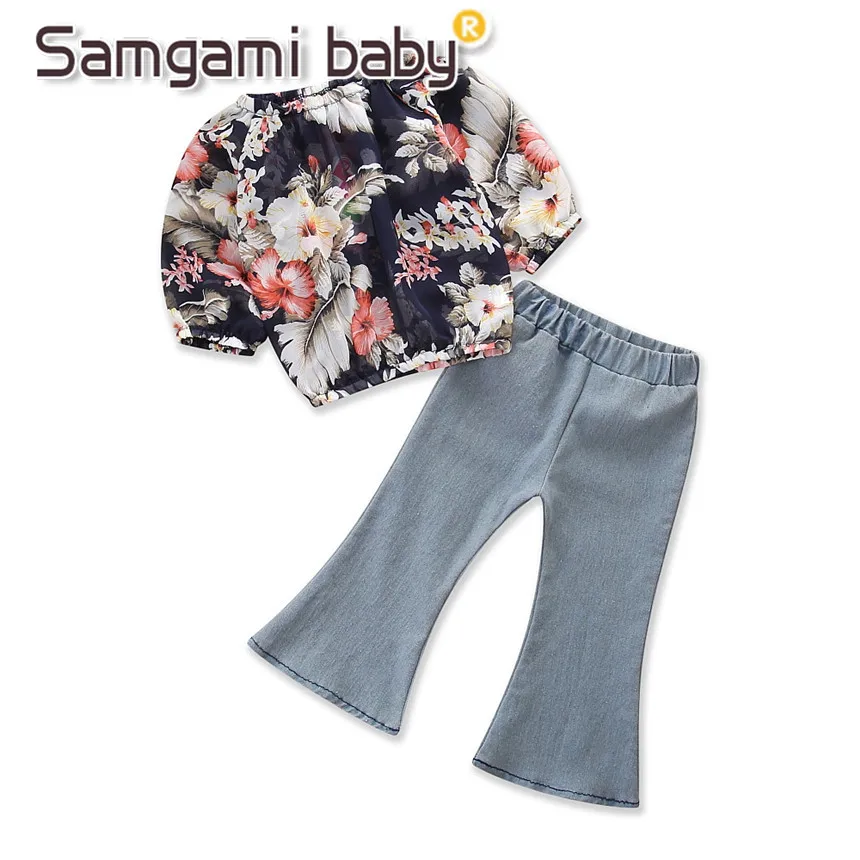 SAMGAMI BABY Toddler Girls Clothing Set Floral Print Tops+Flared Trousers Elastic Waist Pants 2pcs Girl Suit Kids Clothes 1-5Y |