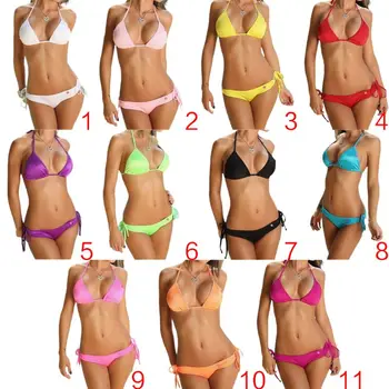 

Sexy Two Piece Bikini Set Side Tie Drawstring Triangle Bottoms Swimsuit Halter Bandage No Padded Bra Candy Color Bathing Suit