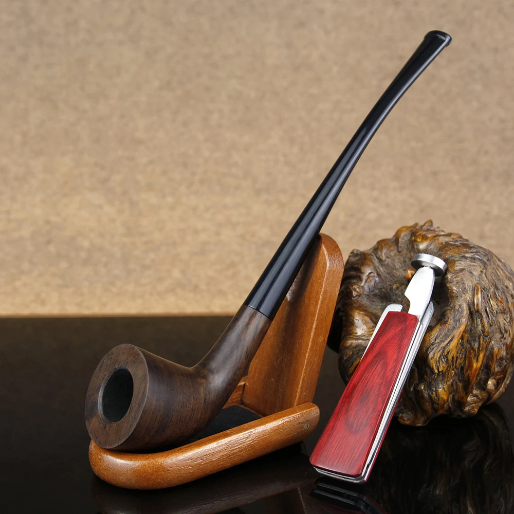 

New Ebony Wood Pipe 3mm Filter Smoke Tobacco Pipe Wood Insert Metal Knife Wooden Stand Handmade Smoking Pipe Set