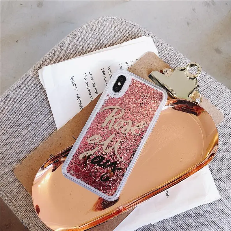 

Tfshining Liquid Quicksand Phone Case For iPhone X 6 6S 7 8 Plus XR XS Max Pink Smile Letters Love Sequin Dynamic Cover Coque