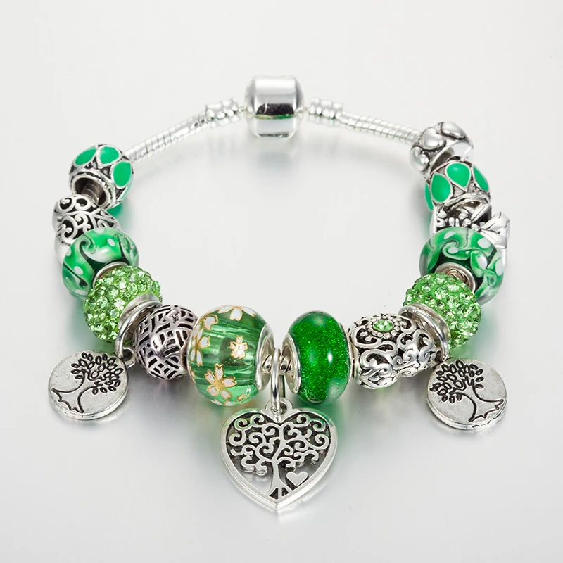

ANNAPAER European Silver Color Tree of Life Beads Snake Chain Charm Bracelet Women Green Bracelet Original Jewelry Gifts B16205