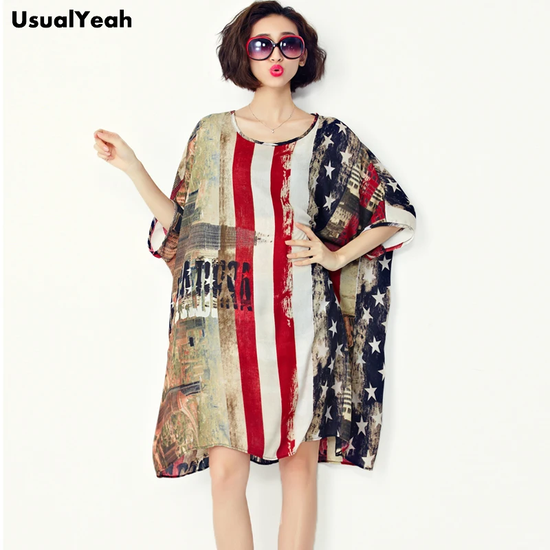 

2018 New Fashion Chiffon Long Blouse Summer American Flag Printing Big Size Mini Dress L ~ 4XL