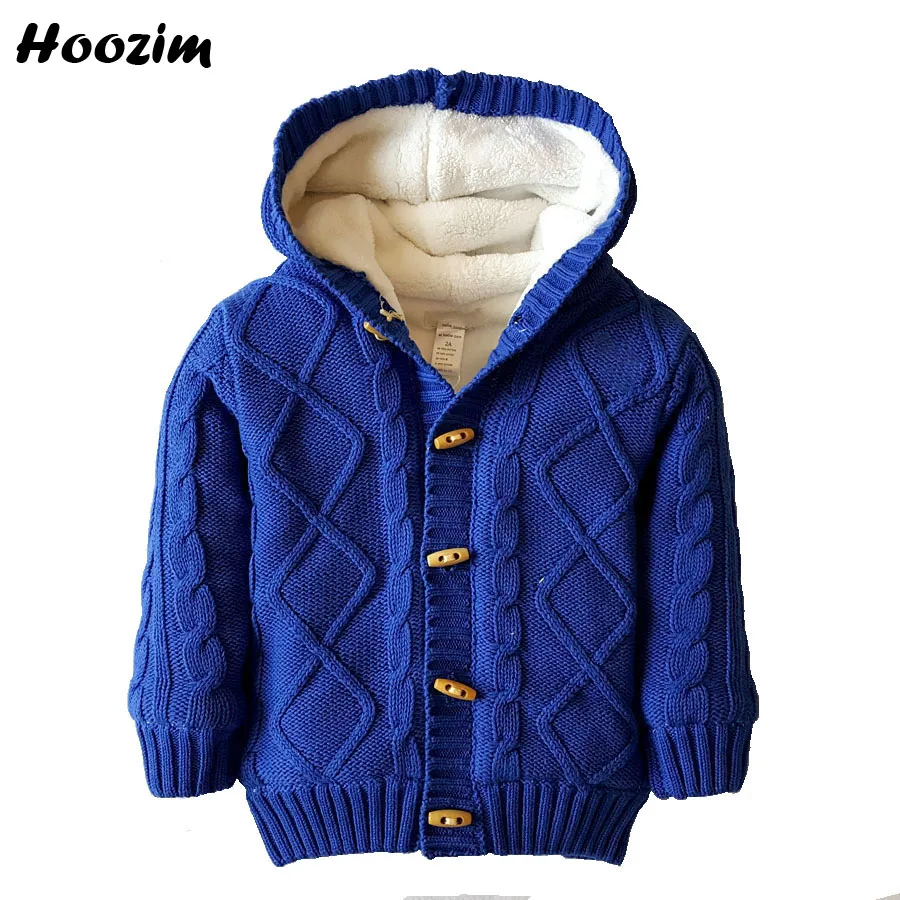 Boys Cardigan Khaki Plaid Thick Warm Hooded Fleece Knitted Sweater Kids