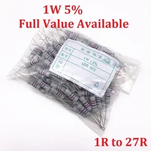 500 шт. 1 Вт оксид Carbom металлический пленочный резистор 1R/2.2R/4.7R/5.1R/6.2R/6.8R/7.5R/10R/12R/15R/18R/20R/22R/24R/27R /Ом 5