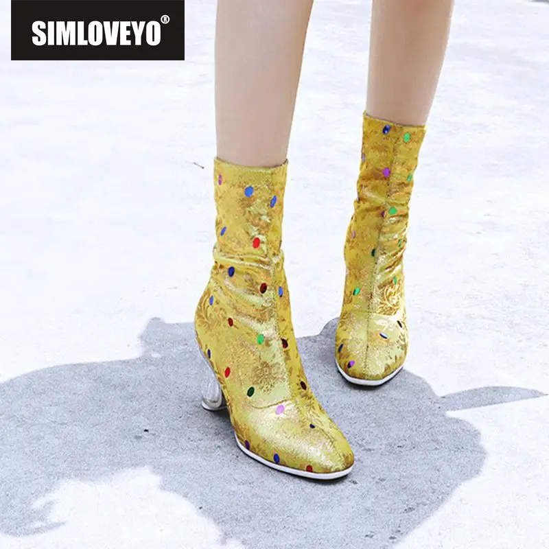 

SIMLOVEYO 2019 Spring Autumn New Fashion Print Women Mid-Calf Boots Round Toe High Heels Party Big Size 44 Brand Design Shoes