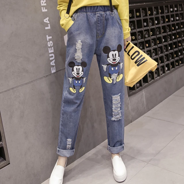 Cartoon Mickey Mouse Jeans Woman Distressed Ripped Boyfriend Jeans For Women Mom High Waist Plus 