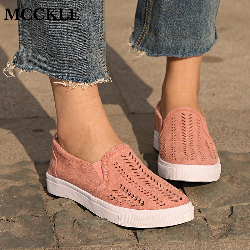 

MCCKLE Spring Plus Size Women Casual Flat Cut-outs Slip-on Elastic Band Ladies Loafers Flock Female Shoes Drop Shipping