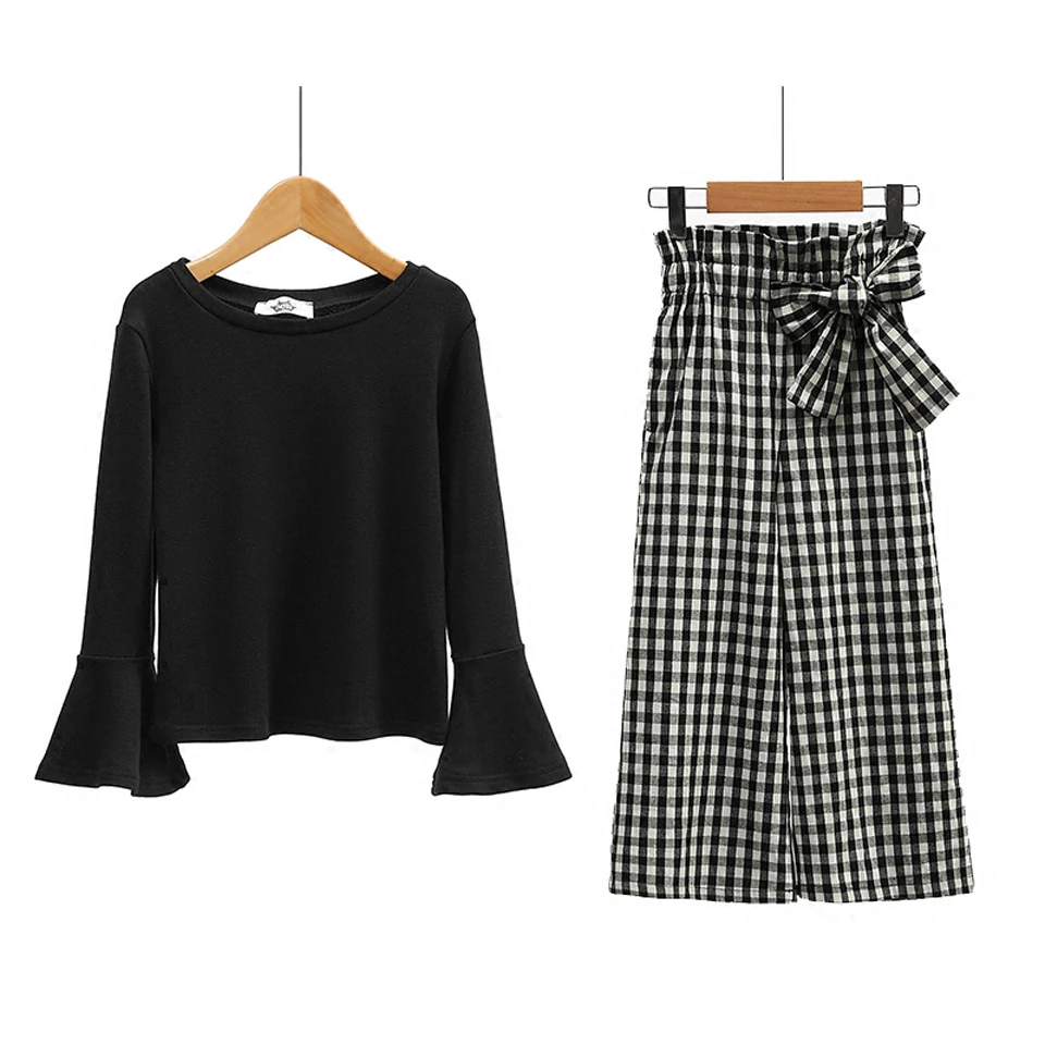 

2019 Kids Sets for Girls Autumn and Spring New Suit Black T-shirts + Plaid Pant Suit Leisure Sets Girls Clothes 10 12 Year