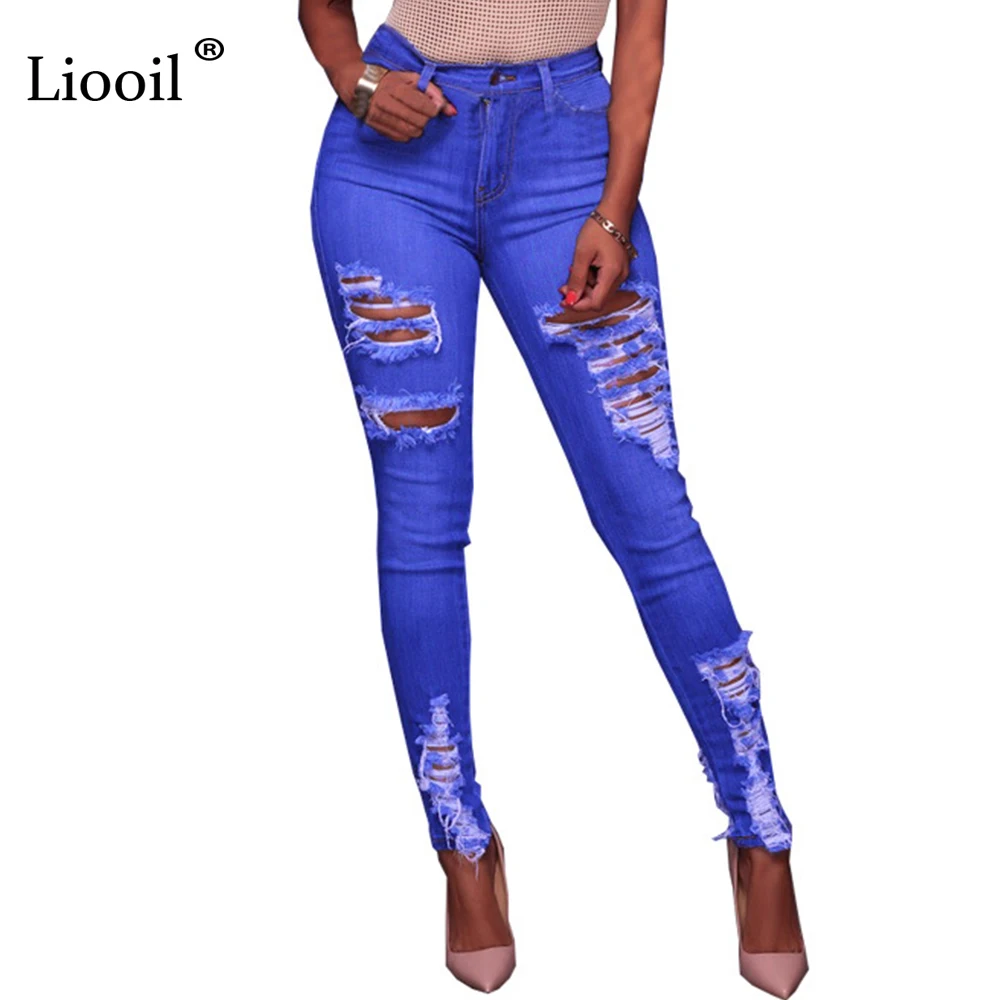 Liooil Blue Boyfriend Jeans For Women 2017 New Ripped Mid Waist Pockets Hole Sexy Hollow Out