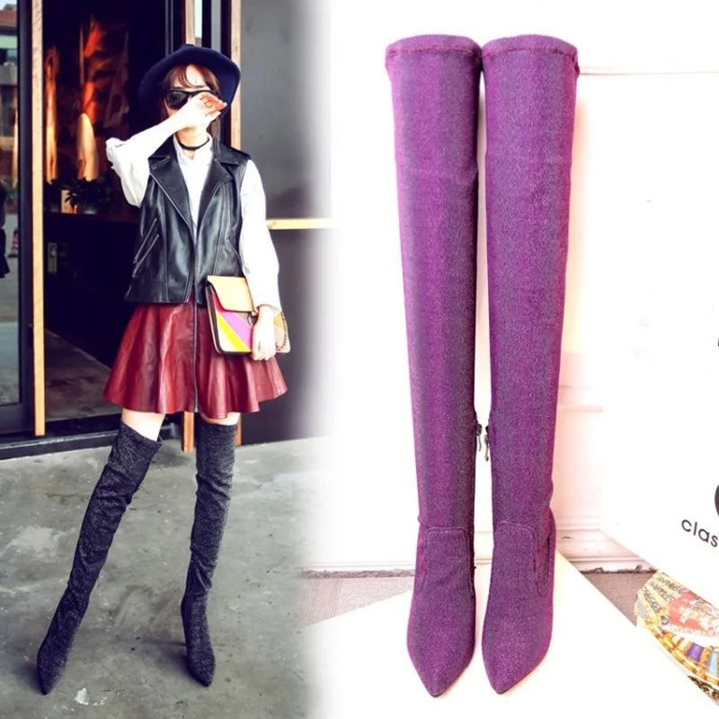 

purple color women over the knee boots women thin high heel 9 cm boots print flower boot sexy lady pointed velvet elastic boot