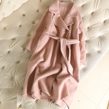 

100% Wool 2019 Pink Wool Coat Women Overcoat Winter V-neck Belt Drop-shoulder Loose Clothing Slim No Liner Long Woolen Overcoat