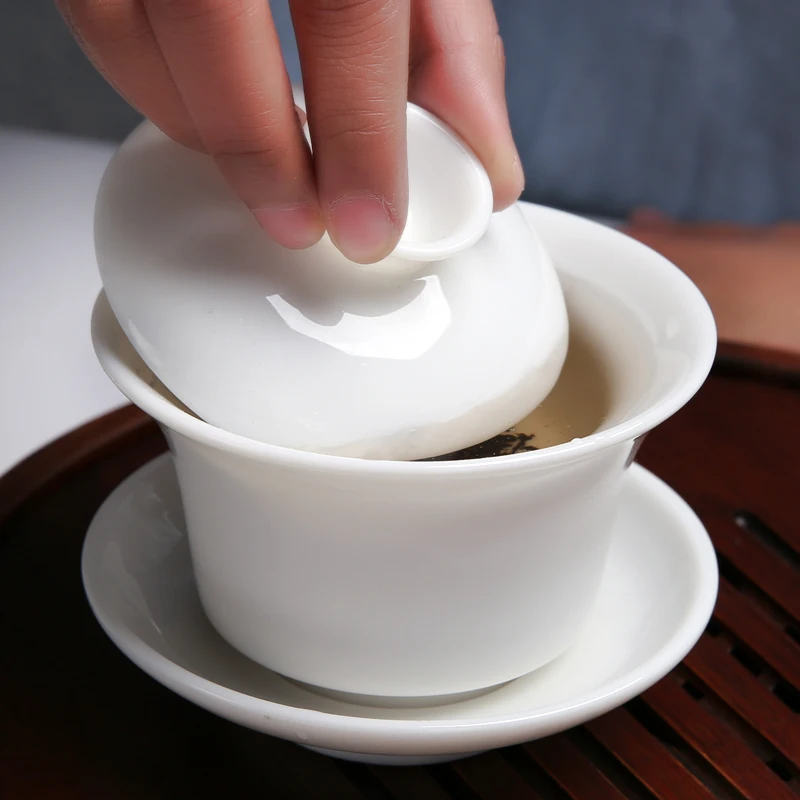 [GRANDNESS] Chinese Ceremony Gaiwan Tea Tureen Ceramic White Jade